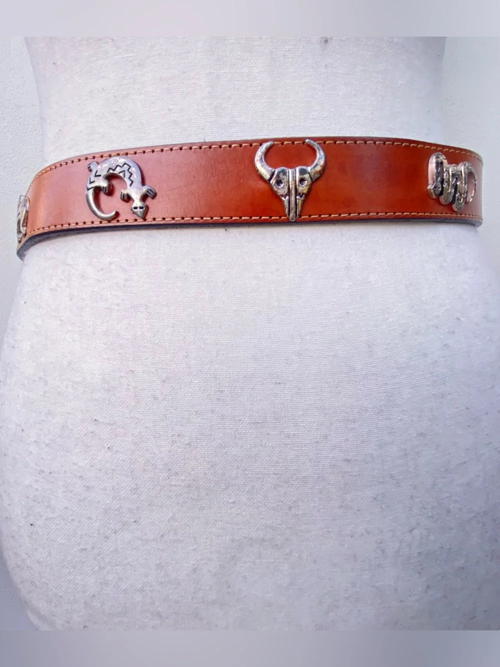 Appaloosa Trading Co. Handmade Brown Leather & Silver Tribal Animal Belt Small
